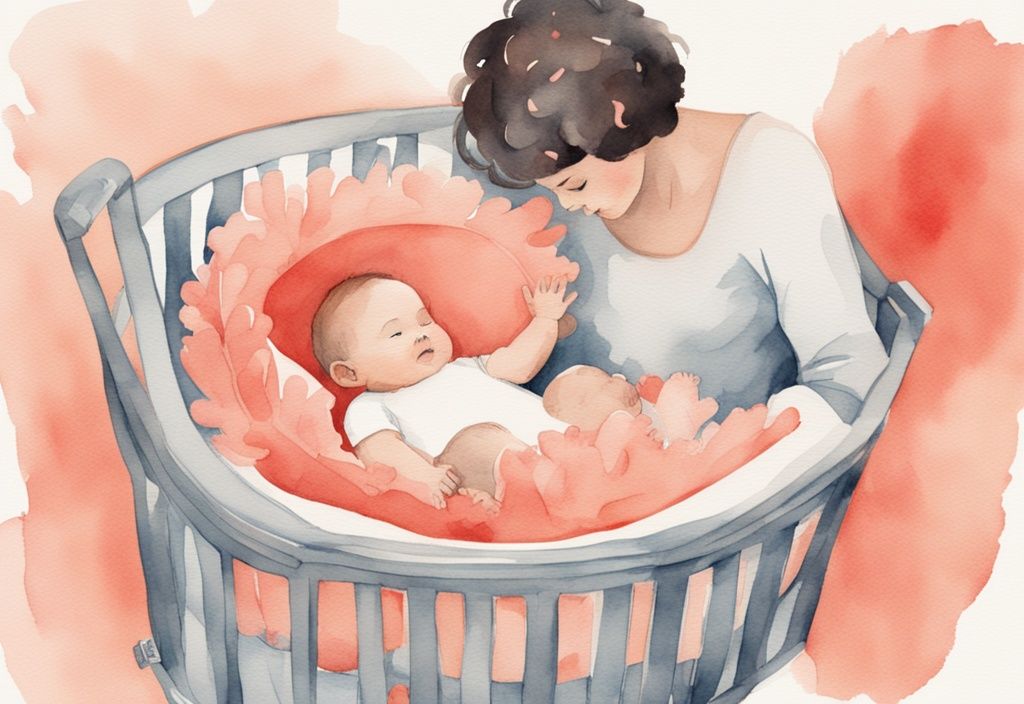 Modern watercolor illustration of a baby in a coral-themed bassinet and a larger baby humorously cramped in another bassinet.