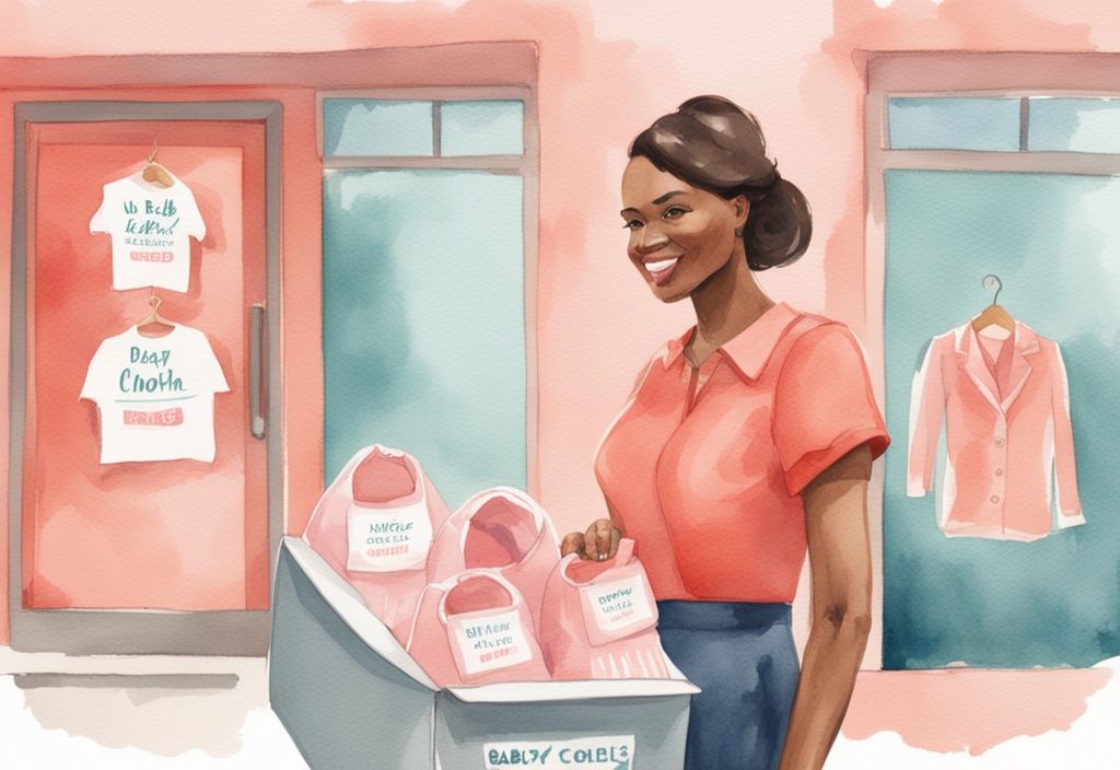 Modern watercolor illustration of a woman with a box of baby clothes at a donation center for mothers in need, featuring a coral color theme.