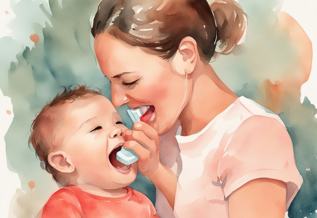 Modern watercolor illustration of a mother demonstrating how to clean a baby tongue using a soft, baby-safe tongue cleaner on her smiling infant, with a coral color theme.