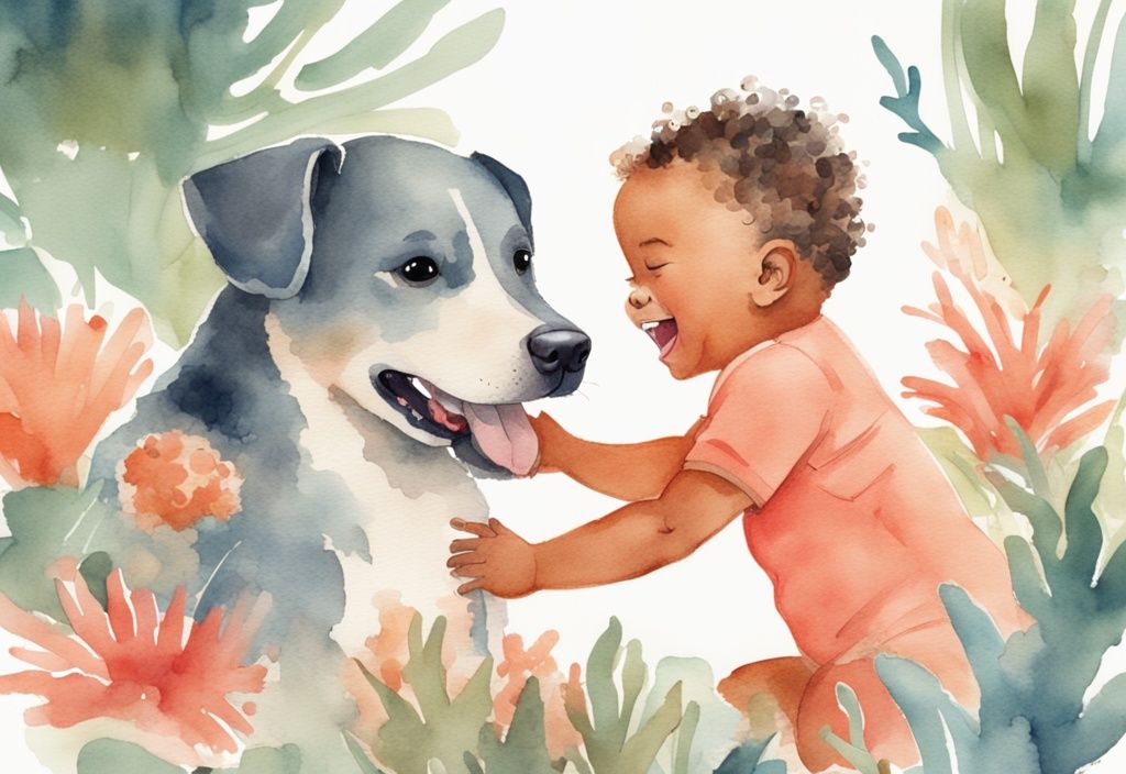 Modern watercolor illustration of a laughing baby with a curious dog and a parent in coral theme.