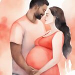 Modern watercolor illustration of a loving couple, with the man gently holding the woman's pregnant belly, depicting affection and determination, exploring what makes a man want to have a baby with you, in a coral color theme.