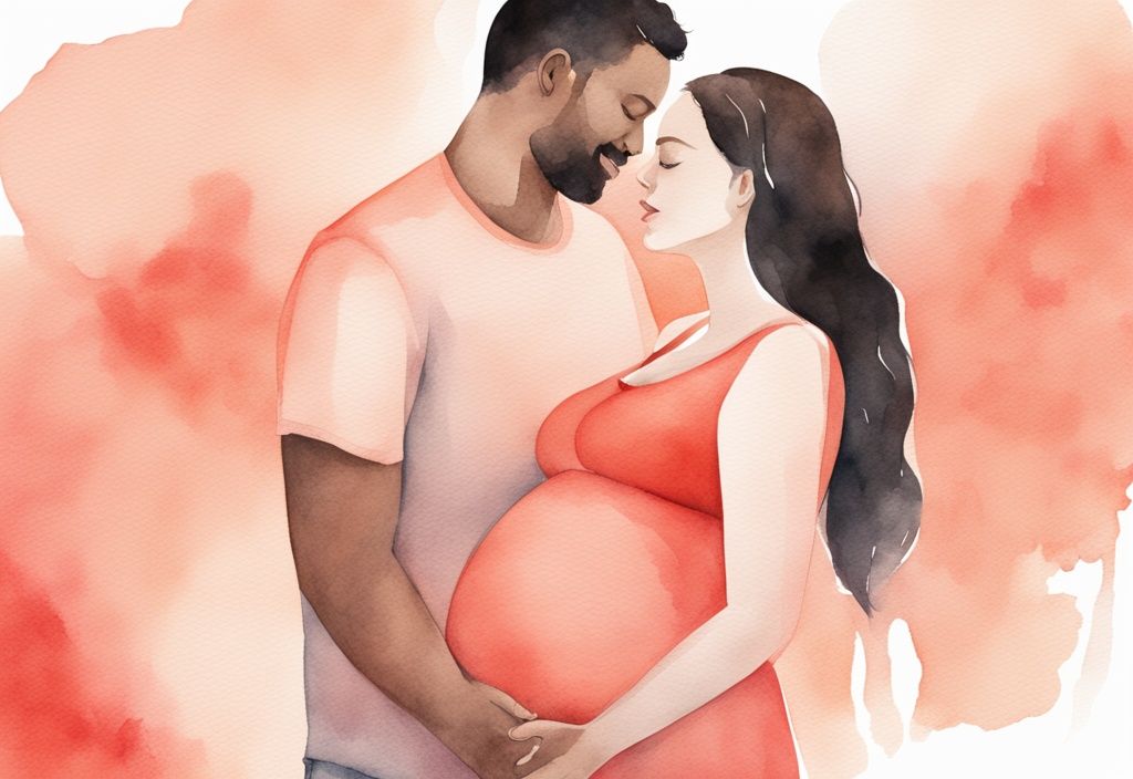 Modern watercolor illustration of a loving couple, with the man gently holding the woman's pregnant belly, depicting affection and determination, exploring what makes a man want to have a baby with you, in a coral color theme.