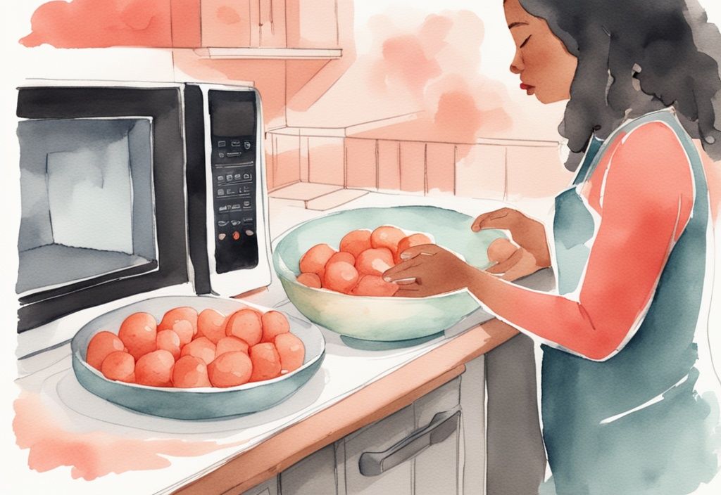 Modern watercolor illustration of a step-by-step process for microwaving baby potatoes in a coral-themed design.