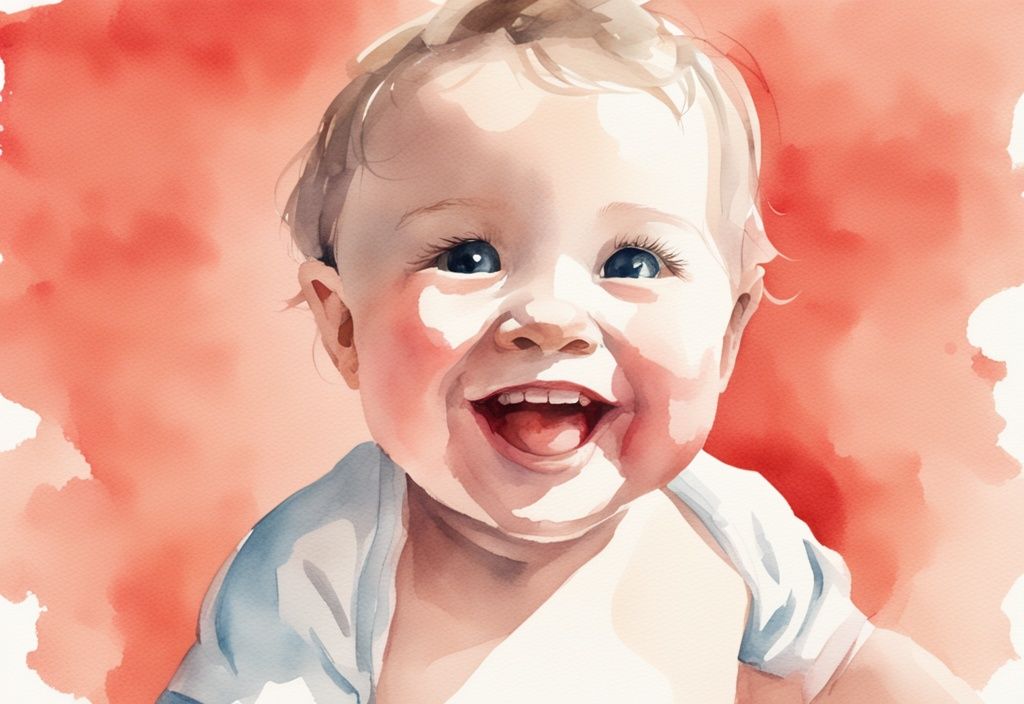 Watercolor illustration of a smiling baby with coral color theme, showing milk teeth and a gap.