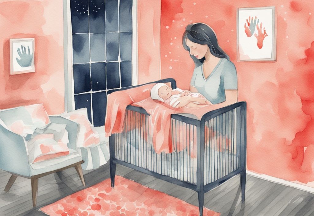 Modern watercolor illustration of a distressed mother placing a waking baby into a crib, featuring a coral color theme.