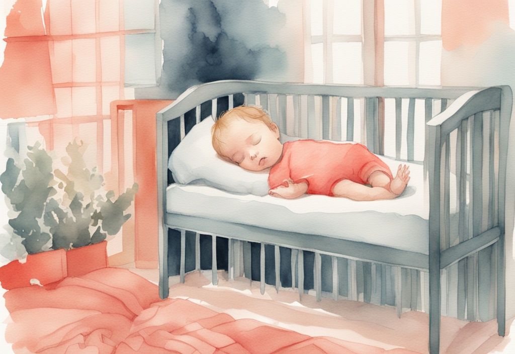 Modern watercolor illustration of a coral-themed nursery with a sleeping baby, dim lighting, and lullaby music ambiance.