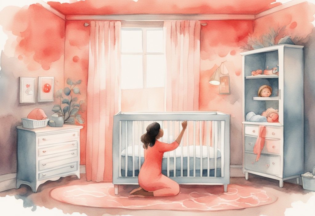 Modern watercolor nursery scene with coral tones, parent rocking baby, countdown timer at 40 seconds.