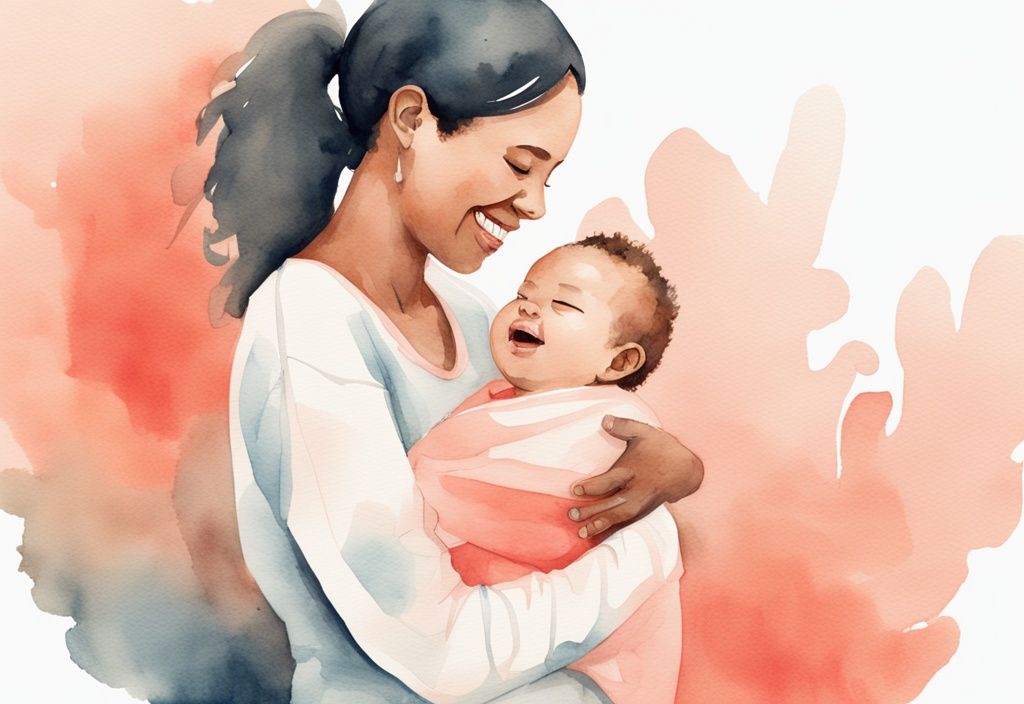 Modern watercolor illustration of a parent supporting a happy, grinning baby standing, with a coral color theme.