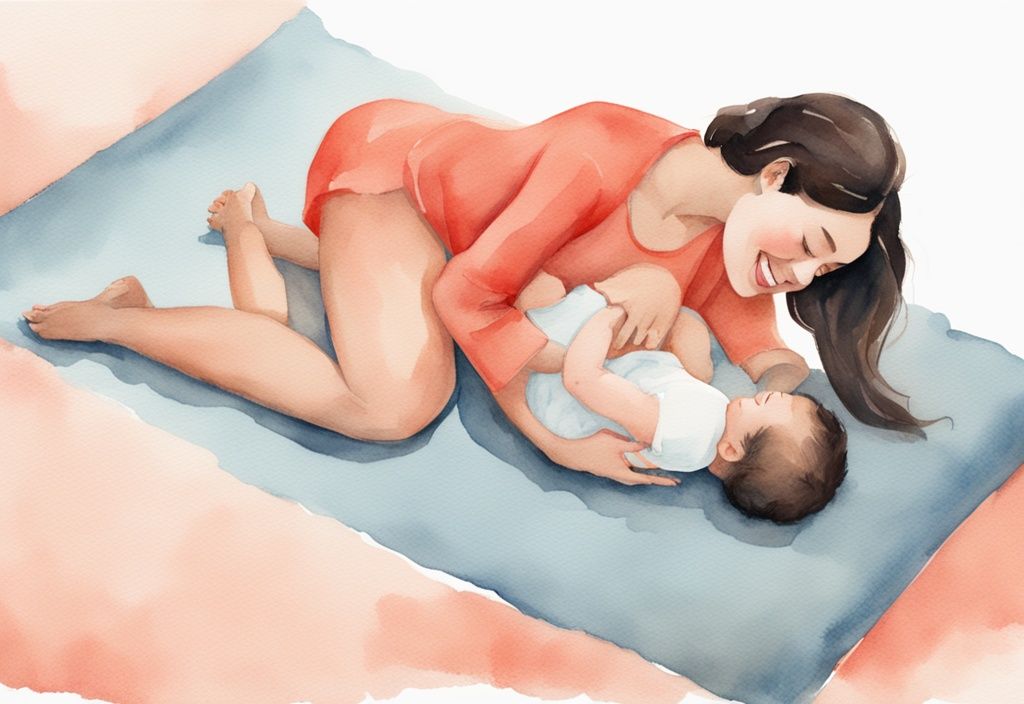 Modern watercolor illustration of a mother helping her baby roll over on a blue mat, coral color theme.