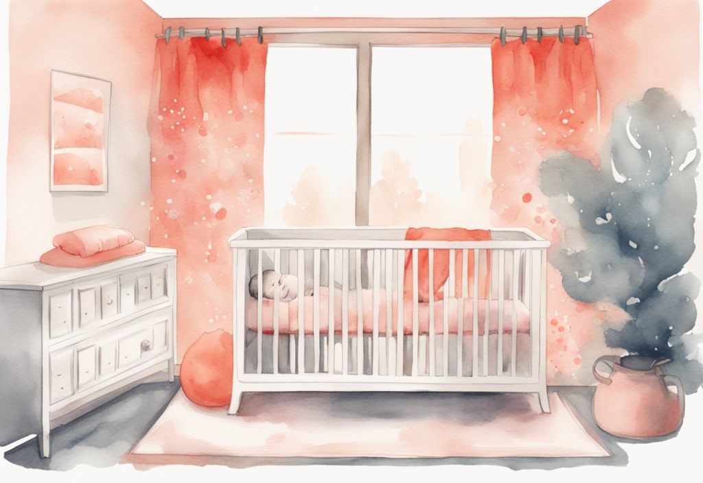 Modern watercolor nursery illustration, coral theme, parent rocking baby, serene sleep environment, playful 40-second countdown timer.