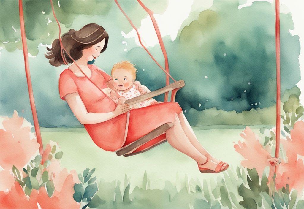 Modern watercolor illustration of a parent placing a baby in a coral-themed park swing for the first time.