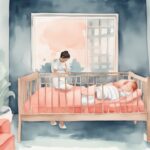 Modern watercolor illustration of a worried parent observing their baby in a crib, addressing the question: why is my baby suddenly taking short naps.