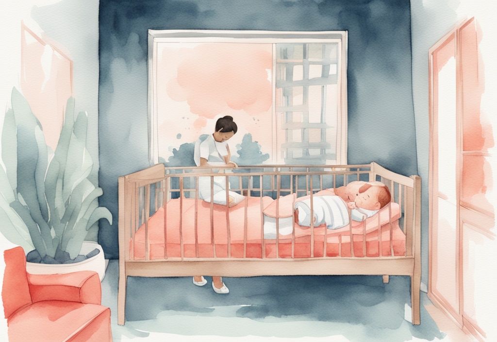 Modern watercolor illustration of a worried parent observing their baby in a crib, addressing the question: why is my baby suddenly taking short naps.