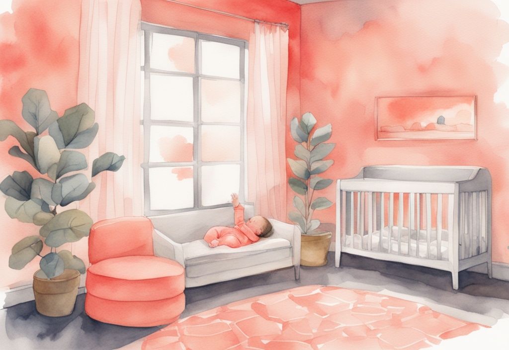 Modern watercolor illustration of a serene nursery with a sleeping baby, featuring coral color theme, warm lighting, and soft lullaby music ambiance.