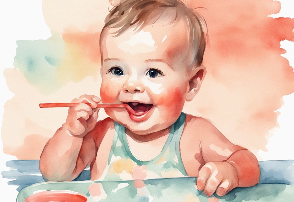 Modern watercolor illustration of a smiling baby learning how to get a baby to drink from a straw, with a gentle hand guiding a bright-colored straw towards the baby's mouth, featuring a coral color theme.