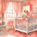 Modern watercolor illustration of gentle hands placing a sleeping baby into a softly lit cozy crib, illustrating how to transfer baby to crib with care.