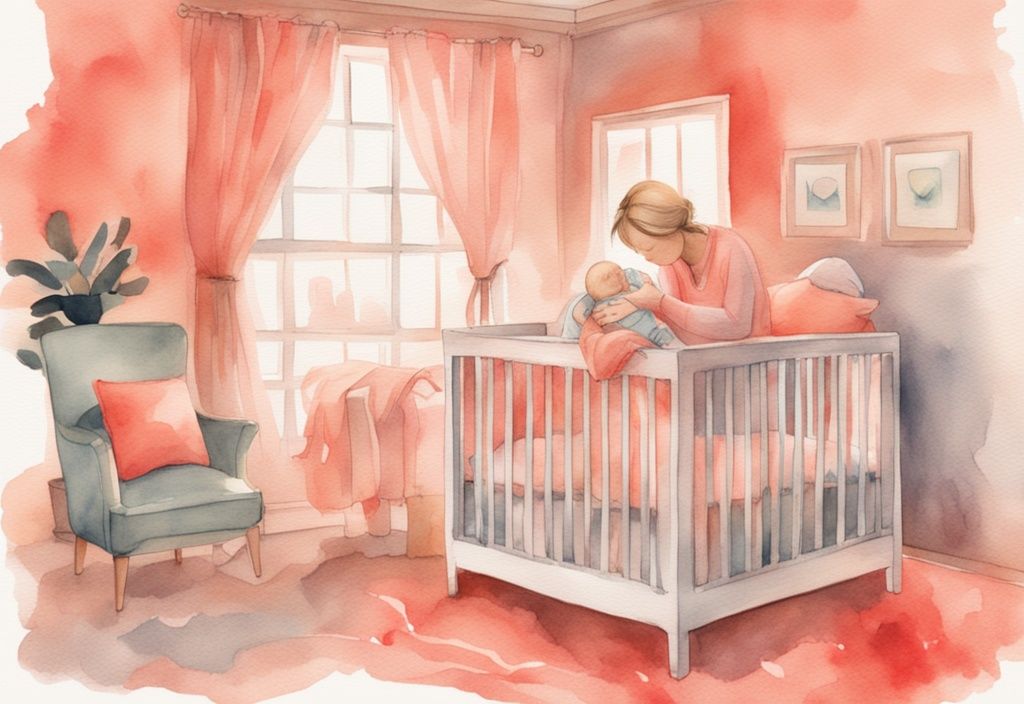 Modern watercolor illustration of gentle hands placing a sleeping baby into a softly lit cozy crib, illustrating how to transfer baby to crib with care.