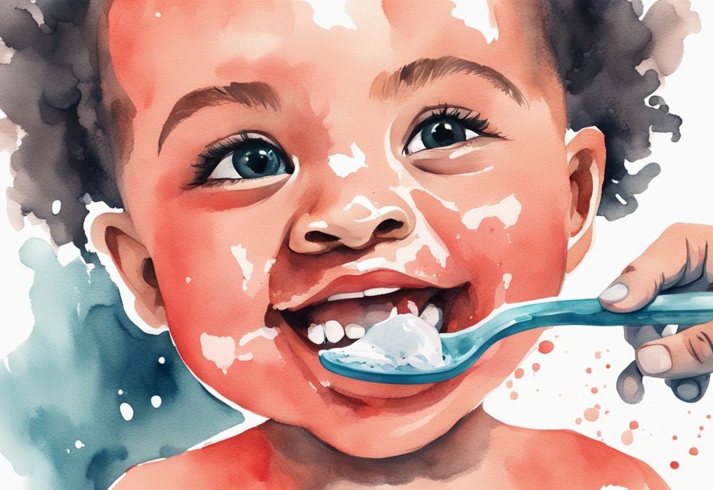 Modern watercolor illustration of a baby's smile with black stains on milk teeth, coral color theme, gentle hand holding a soft toothbrush with toothpaste.