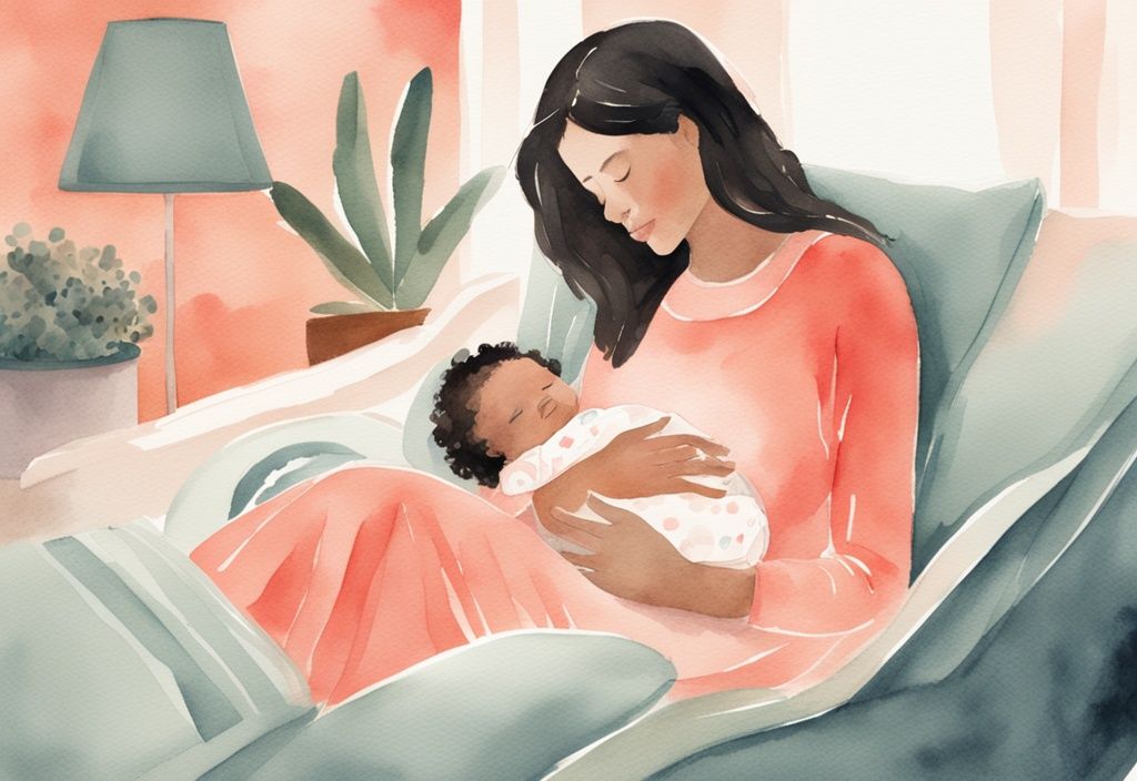 Modern watercolor illustration of a mother rocking an overtired baby in a tranquil nursery, showcasing how to calm an overtired baby with soothing coral hues.