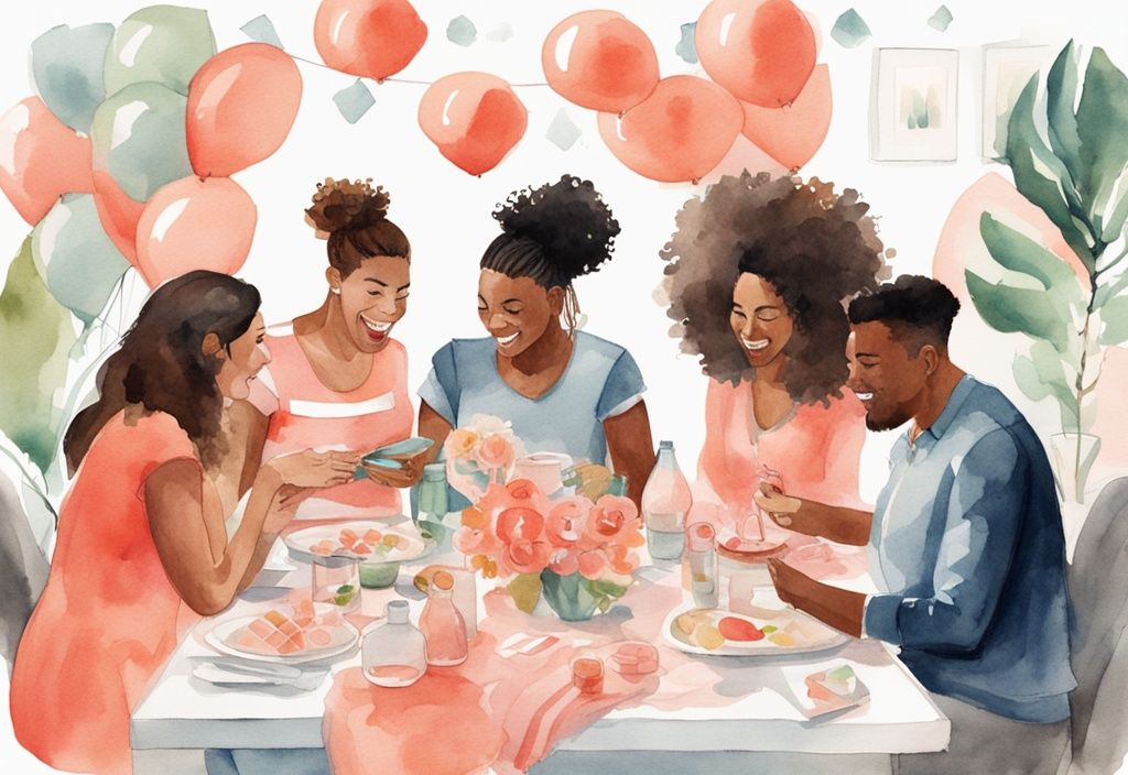 Modern watercolor illustration of friends discussing who pays for a baby shower around a table with coral-themed decorations.