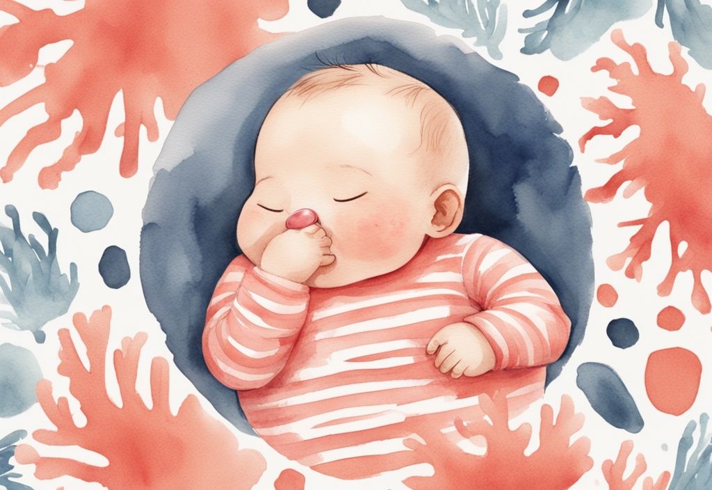 Modern watercolor illustration of a chubby baby in a coral-themed onesie yawning and rubbing eyes.