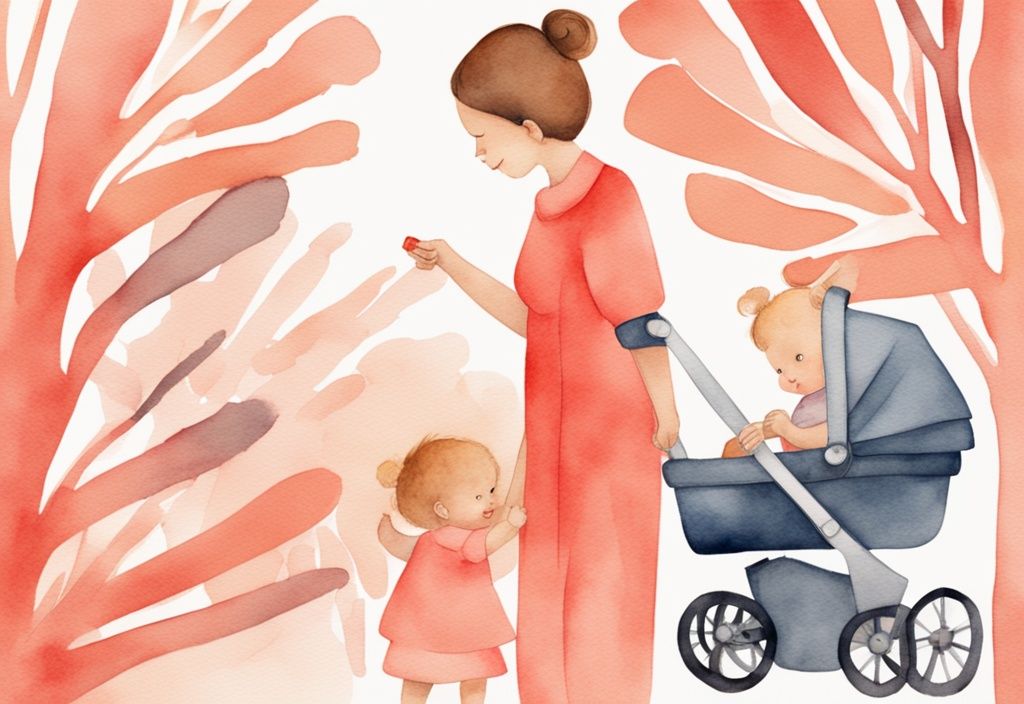 Modern watercolor illustration of a baby in a coral-themed stroller with a nearby parent, highlighting appropriate stroller age.