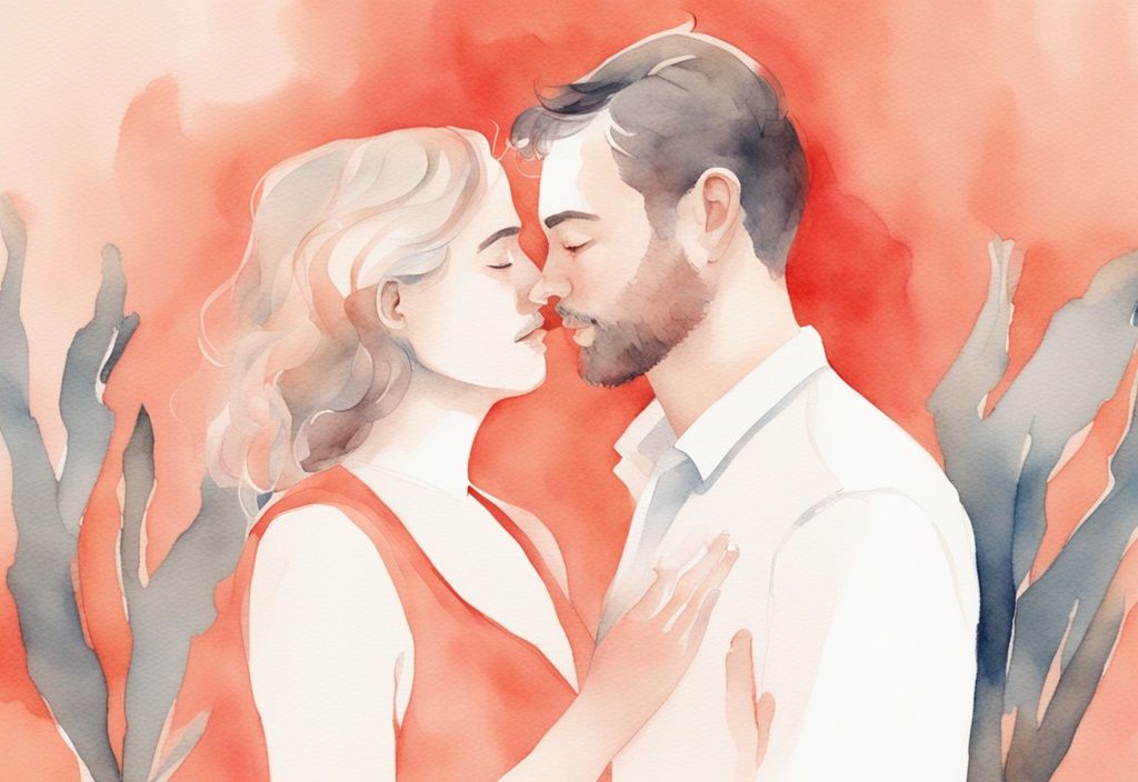 Modern watercolor illustration of a loving couple in a coral-themed, baby-oriented setting.