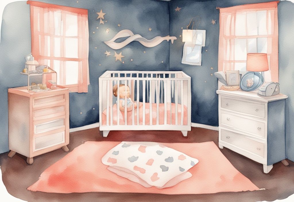 Modern watercolor illustration of a baby sleeping in a crib, featuring coral color theme, with a nightlight, white noise machine, and soothing mobile.