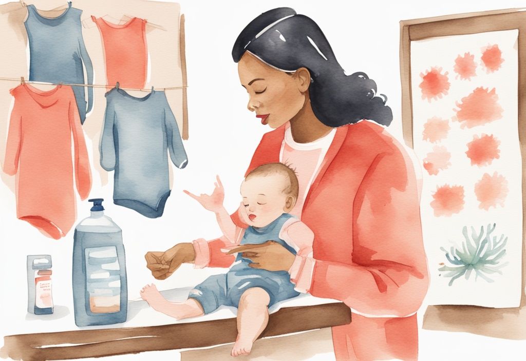 Modern watercolor illustration of a distressed parent holding a stained baby outfit and stain removal product, examining a step-by-step guide on how to get poop stains out of baby clothes, with a coral color theme.