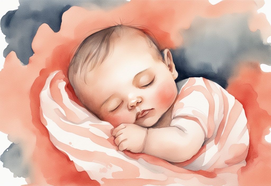 Modern watercolor illustration of a baby peacefully sleeping with a coral-themed lovey, related to "when can a baby sleep with a lovey".