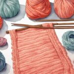 Modern watercolor illustration featuring coral-themed yarn skeins encircling an unfinished baby blanket with knitting needles, illustrating how much yarn for a baby blanket.