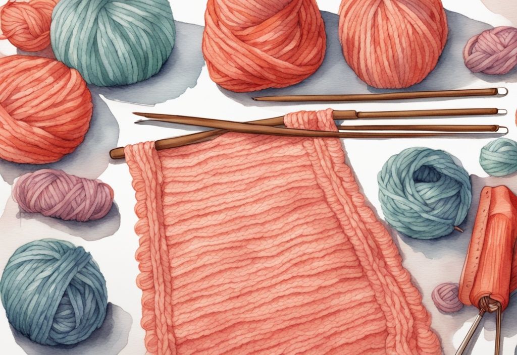 Modern watercolor illustration featuring coral-themed yarn skeins encircling an unfinished baby blanket with knitting needles, illustrating how much yarn for a baby blanket.