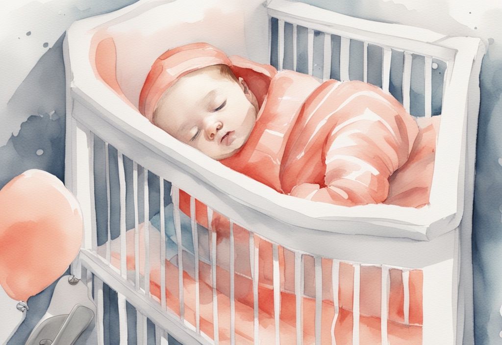 Modern watercolor illustration of a baby sleeping in a crib with coral theme, featuring safety measures like a breathable mesh crib liner, baby monitor, and room thermometer.