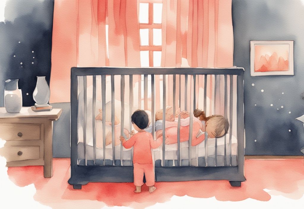 Modern watercolor illustration of a sleeping baby being placed in a cozy crib, with coral color theme and soft nightlight glow.