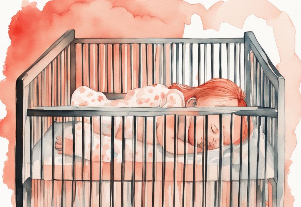 Modern watercolor illustration of a distressed mother placing a waking baby into a crib, coral color theme.