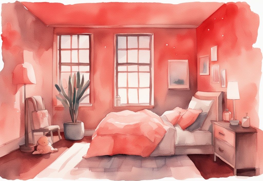 Modern watercolor illustration of a tranquil bedroom with a baby sleeping under soft coral red light.