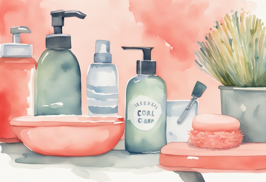 Modern watercolor illustration of baby-friendly soaps in coral theme next to sink with baby bottles and bottle brush.