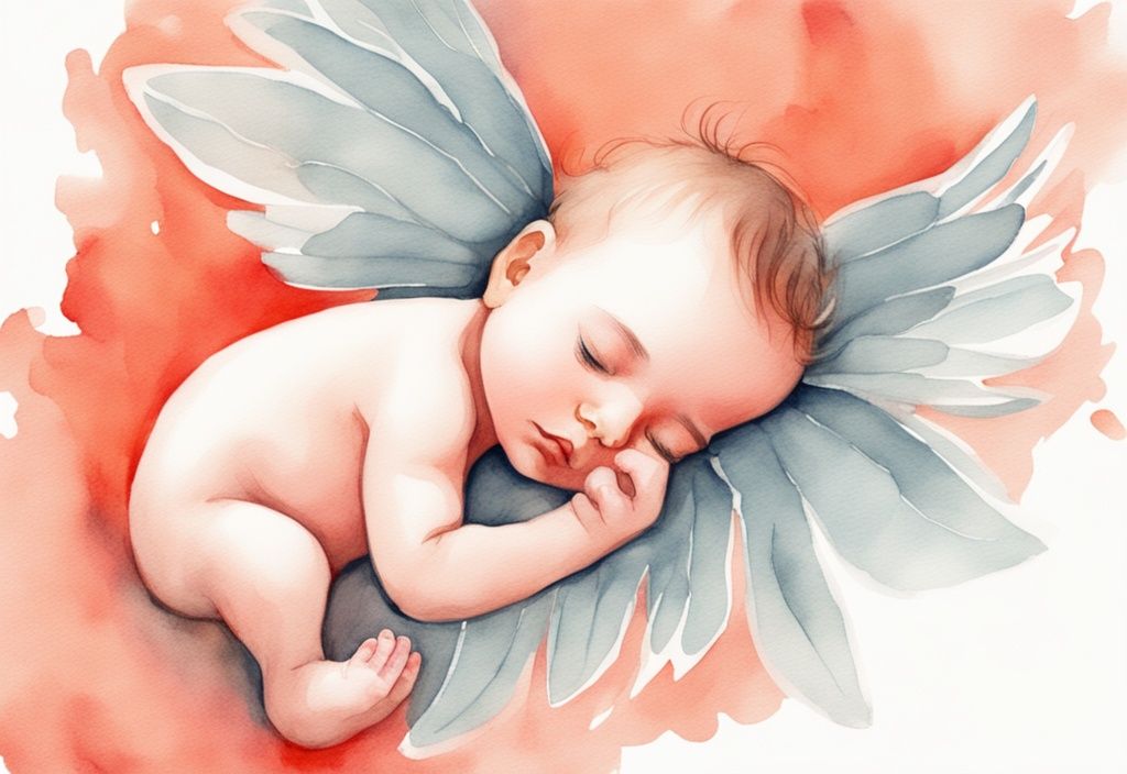 Modern watercolor illustration of a newborn baby with delicate wings, symbolizing an angel baby, highlighting the theme of what is an angel baby in coral colors.