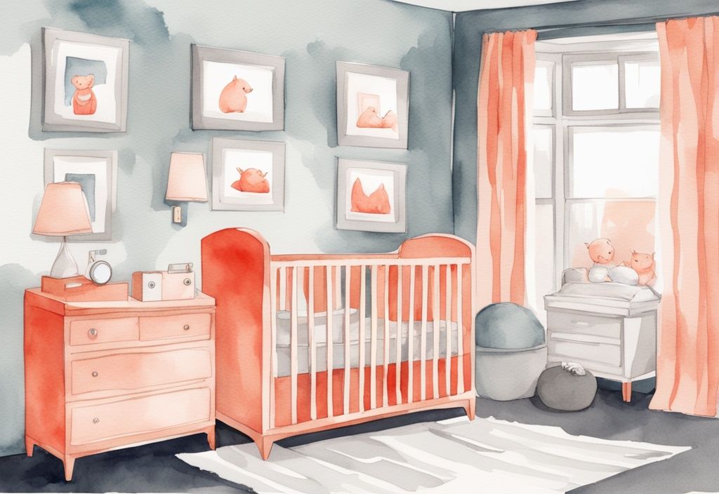 Modern watercolor illustration of a coral-themed nursery room with a baby monitor on a shelf overlooking the crib.