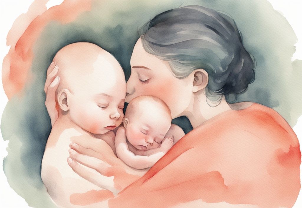 Modern watercolor illustration of adult hands cradling a newborn's head, coral theme, demonstrating proper handling.