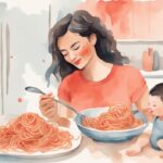 Modern watercolor illustration of a mother feeding spaghetti to baby with a spoon, depicting how to serve spaghetti to baby, featuring a coral color theme.