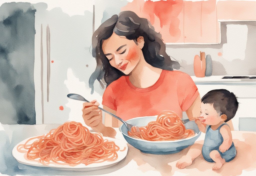 Modern watercolor illustration of a mother feeding spaghetti to baby with a spoon, depicting how to serve spaghetti to baby, featuring a coral color theme.