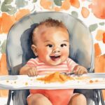 Modern watercolor illustration of a happy baby reaching for a spoonful of mashed butternut squash, with a cut, cooked squash and highchair in the background, highlighting how to cook butternut squash for a baby.