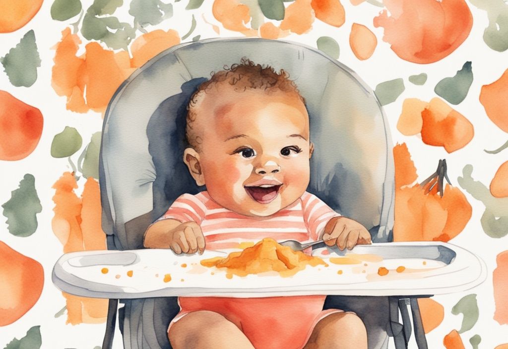 Modern watercolor illustration of a happy baby reaching for a spoonful of mashed butternut squash, with a cut, cooked squash and highchair in the background, highlighting how to cook butternut squash for a baby.