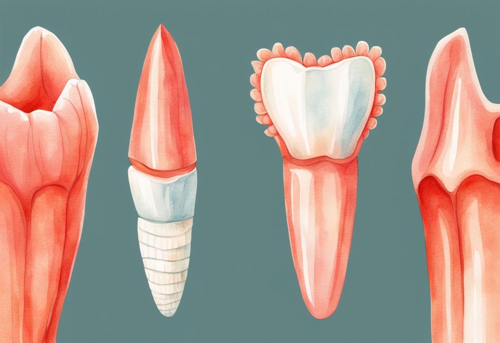 Modern watercolor illustration comparing baby tooth vs adult tooth, highlighting differences in size, shape, and structure with a coral color theme.