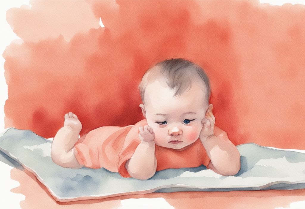 Modern watercolor illustration of a baby rubbing ear and side of head, sitting on a plush mat with a curious expression, main color theme coral.