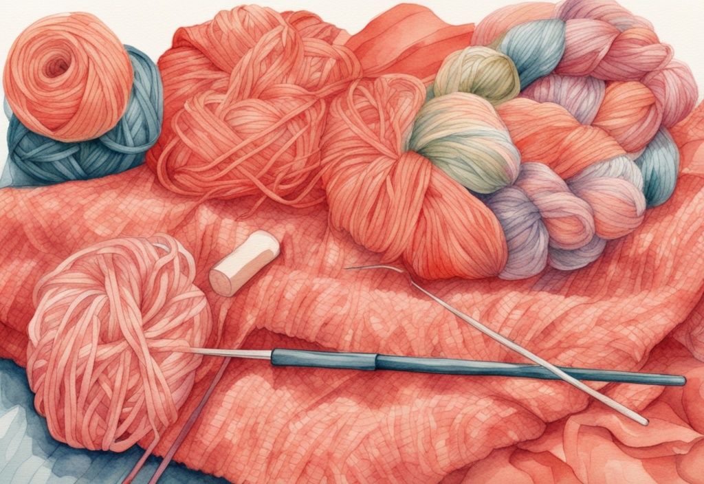 Modern watercolor illustration featuring coral-themed yarn skeins around an unfinished baby blanket with knitting needles, addressing how much yarn for a baby blanket.