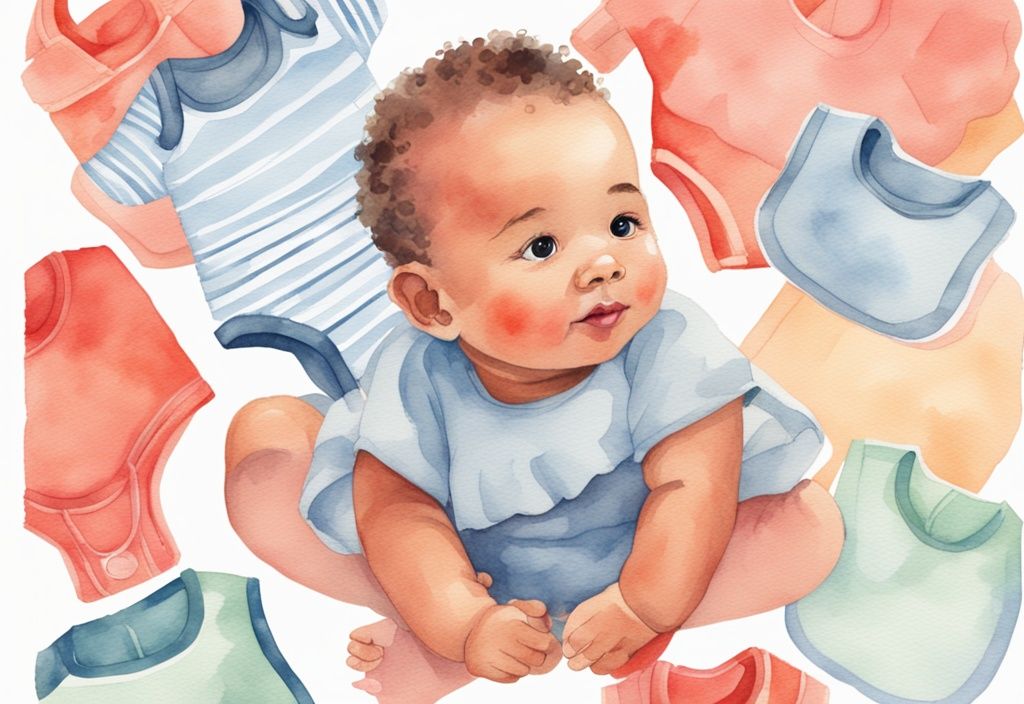 Modern watercolor illustration of a baby with colorful bibs for each day of the week, exploring the question of how many bibs does a baby need, in a coral-themed setting.