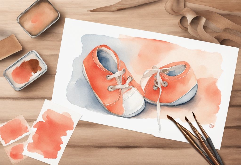 Modern watercolor illustration of coral-themed baby shoes and DIY bronzes kit with instructions on a wooden table, highlighting creativity and tenderness.