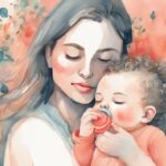 Modern watercolor illustration of a tired mother hugging her calm baby holding a colorful pacifier, related to how to get my baby to stop using me as a pacifier.